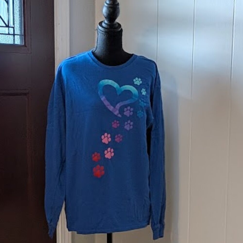 Royal Blue w/ Rainbow Paw Print Pattern Longsleeve Tee in size Large
